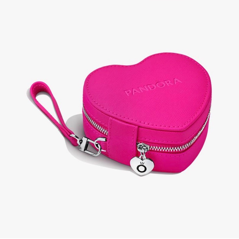Pandora Pink Leather Heart Shaped Travel Jewelry Box Organizer Wristlet